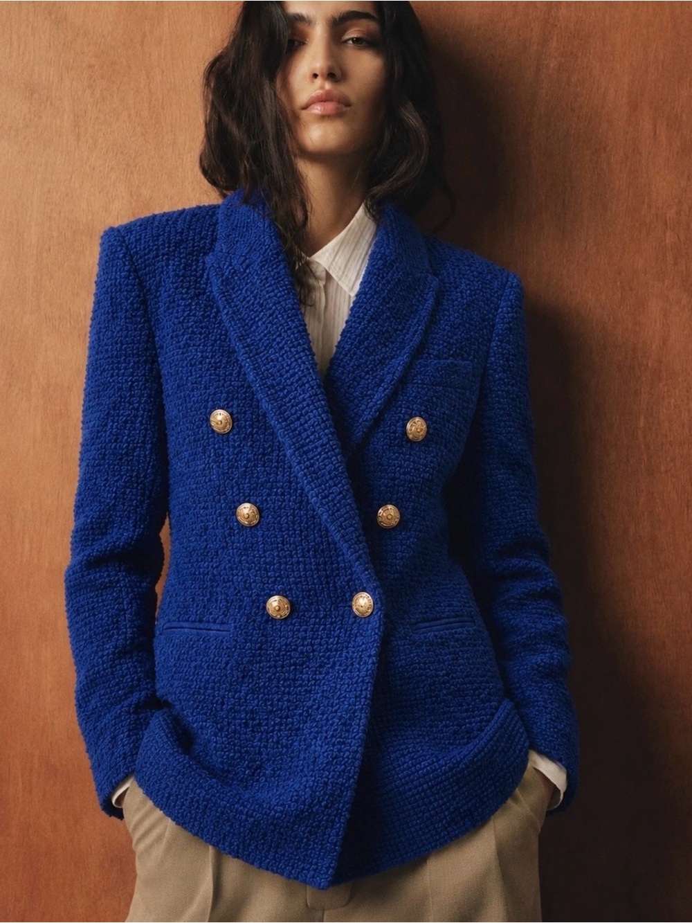 Zara | Chic Royal Blue Double-Breasted Textured Blazer with Gold Buttons